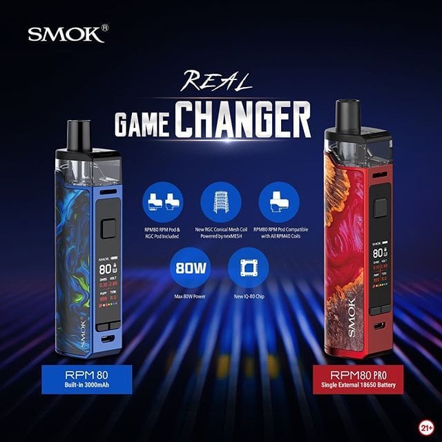 Smok RPM80 UK Promo Legion of Vapers Smok RPM80 in Fluid Blue with built-in 3000mAh battery and RPM80 PRO in Red Stabilizing Wood with single external 18650 battery. Real game charger. RPM80 RPM Pod & RGC Pod Included, New RGC Conical mesh Coil Powered by nexMESH, RPM80 RPM Pod Compatible with All RPM80 Coils, Max 80W Power, New IQ-80 Chip.