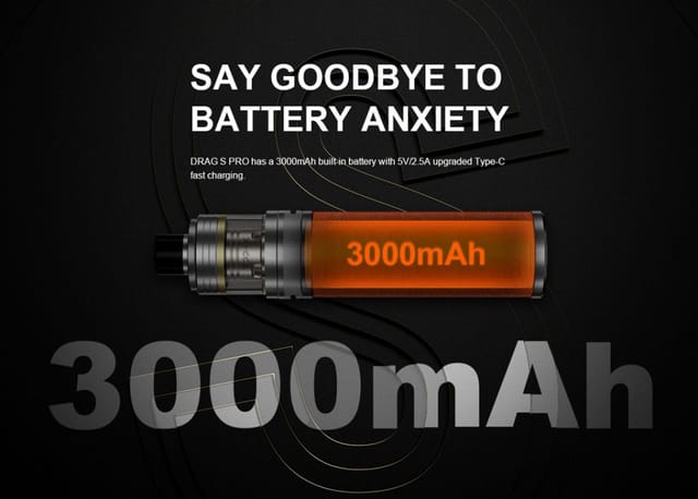 Voopoo Drag S Pro Kit Battery UK Voopoo Drag S Pro Kit battery "say goodbye to battery anxiety. DRAG S PRO has a 3000mAh built-in battery with 5V/2n5A upgrades Type-C fast charging"