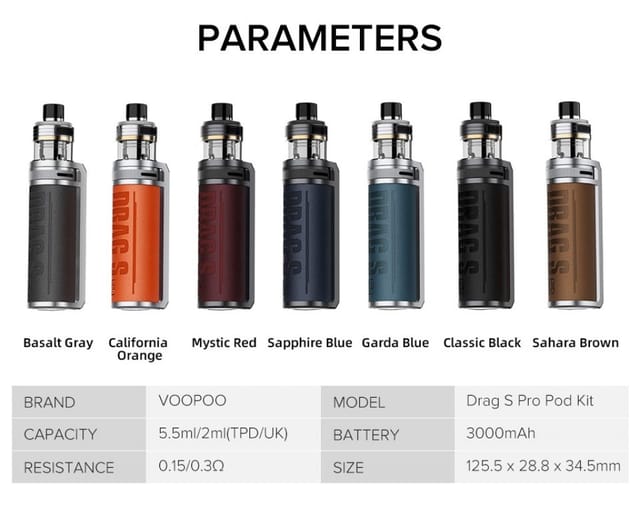 Voopoo Drag S Pro Kit Parameters UK All seven Voopoo Drag S Pro Kit colour lined up next to each other with parameters listed below in a table.