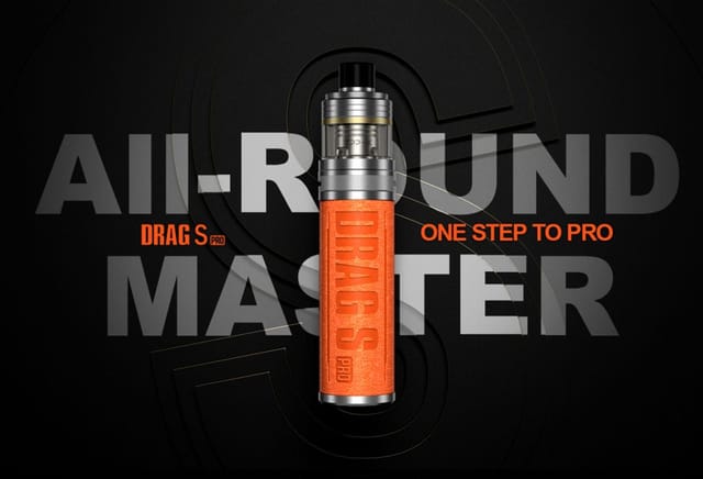 Voopoo Drag S Pro Kit Promo UK Orange Drag S Pro in the centre with a black background. Text reads "All-round Master. One to to pro" in grey.