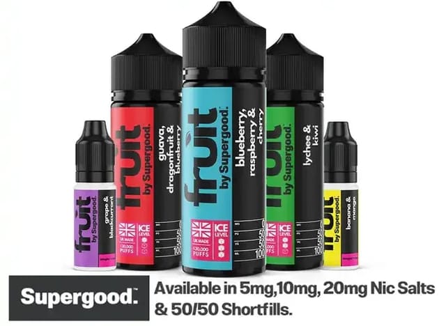 Fruit By Supergood 100ml Shortfill E-Liquid Banner Collection Image Fruit By Supergood 100ml Shortfill E-Liquid Banner Collection Image