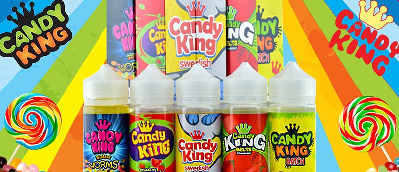 Candy King Vape Juice Original Flavours Promotional Image: Image displays all five flavours over a rainbow background. Flavours are: Sour Worms, Belts Strawberry, Swedish, Strawberry Watermelon Bubblegum and Batch.