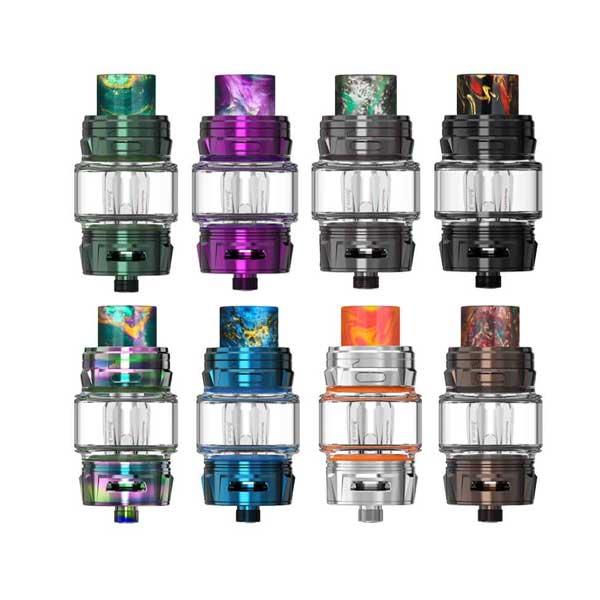 Eight HorizonTech Falcon King subohm tanks in two rows of four, each in a different colour.