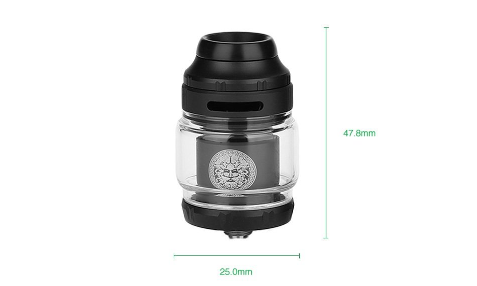 Geekvape Zeus X RTA - the image shows the Zeus X in its black colour with two arrows displaying the tanks dimensions. 47.8mm high, 25.0mm wide.