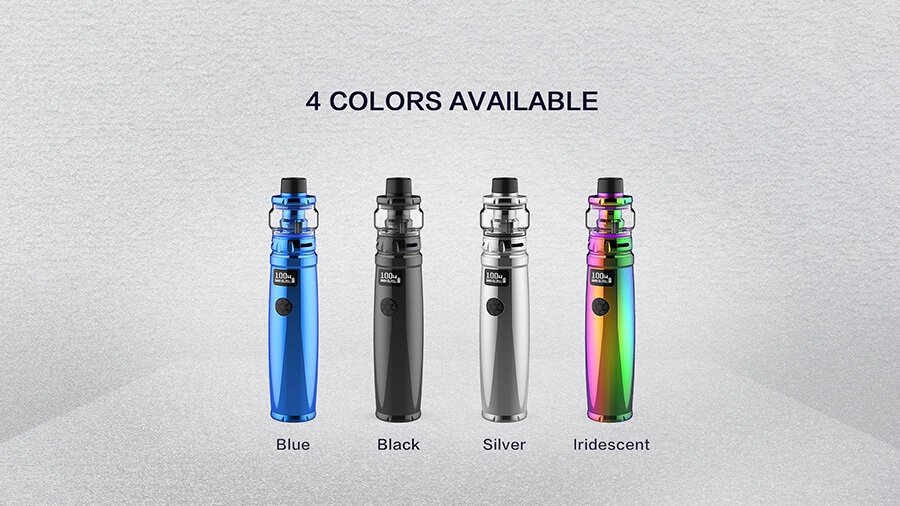 Image Description: 4 Uwell Nunchaku Kits standing in a line. Image Text: 4 colours available - blue, black, silver, iridescent