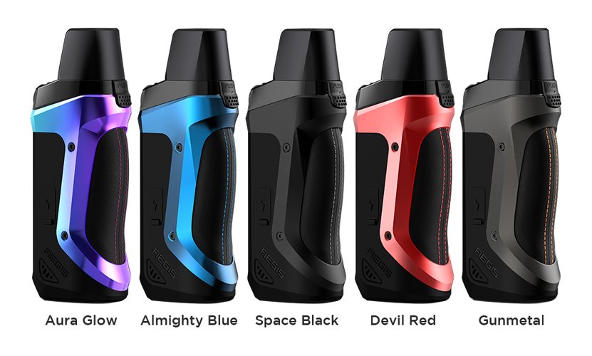 Geekvape Aegis Boost Promo Image. Image displays all five colours of the Geekvape Aegis Boost kit, these are: Aura Glow, Almighty Blue, Space Black, Devil Red and Gunmetal.
