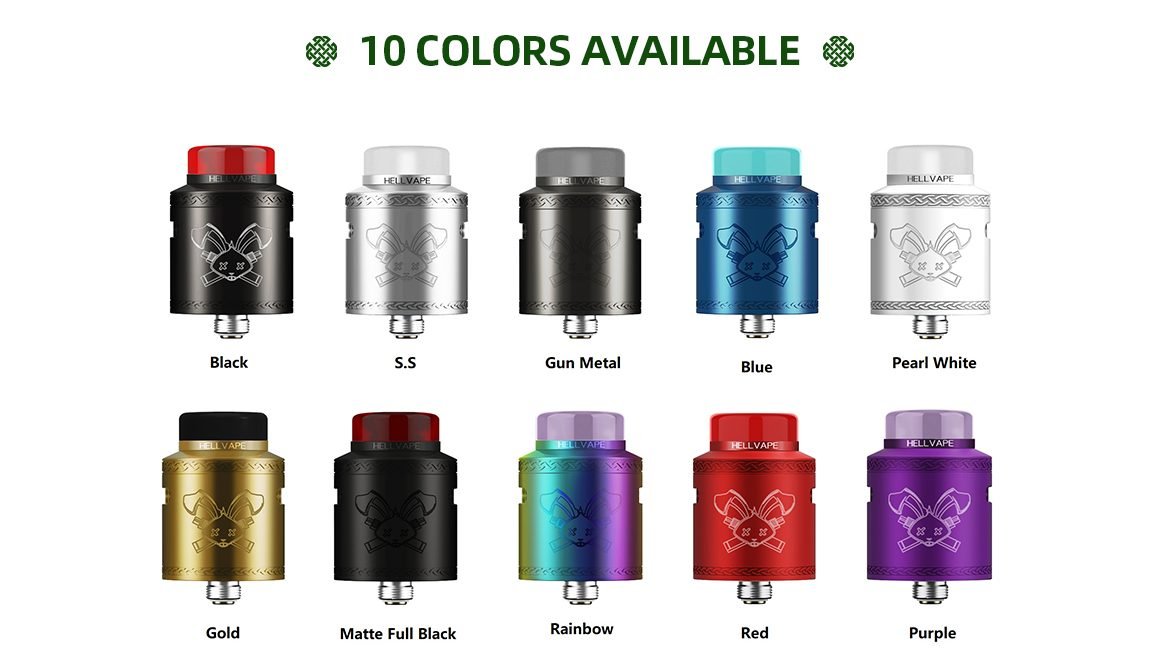 Image shows ten Hellvape Dead Rabbit V2 RDA in the different colours that it is available. These include Black, S.S, Gunmetal, Blue, Pearl White, Gold, Matte Full Black, Rainbow, Red and Purple. 