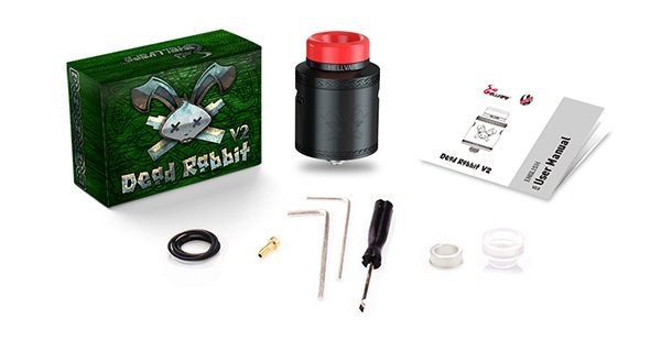 Image shows the contents of the Hellvape Dead Rabbit V2 RDA laid out next to each other. 