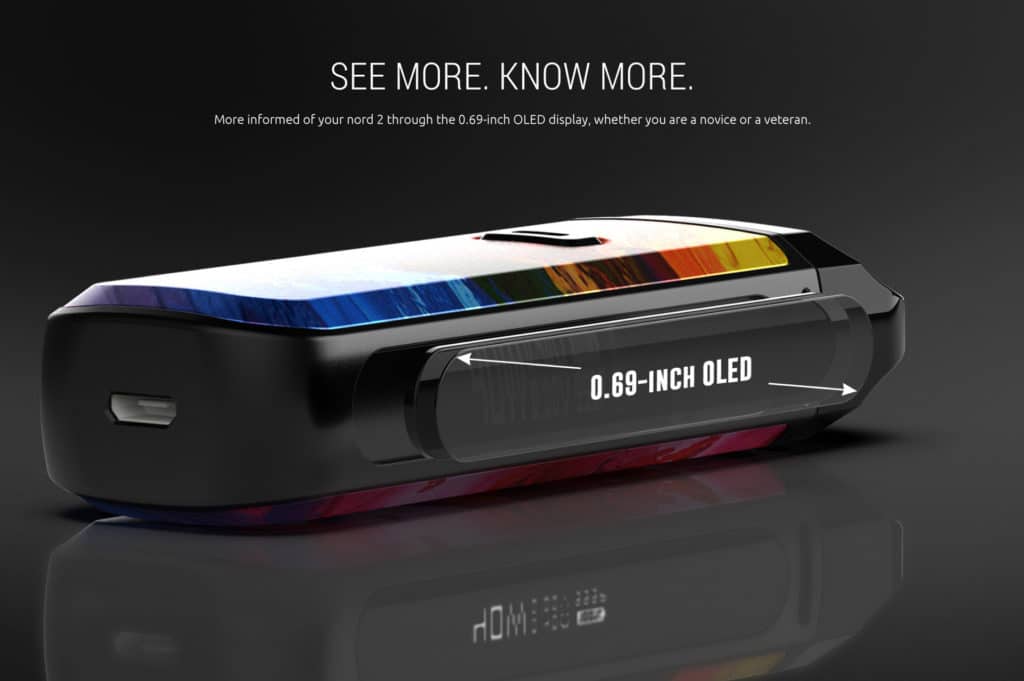 Image of Smok Nord 2 on its side displaying 0.69-inch OLED screen. Text reads: See More. Know More. [Stay] more informed of your Nord 2 through the 0.69-inch OLED display, whether you are a novice or a veteran.