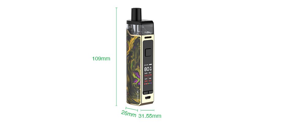 Height, width and depth measurements of Smok RPM80 in Fluid Gold.