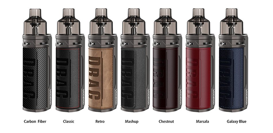 Voopoo Drag S Pod Colours. Colours from left to right: Carbon Fiber, Classic, Retro, Mashup, Chestnut, Marsala, Galaxy Blue