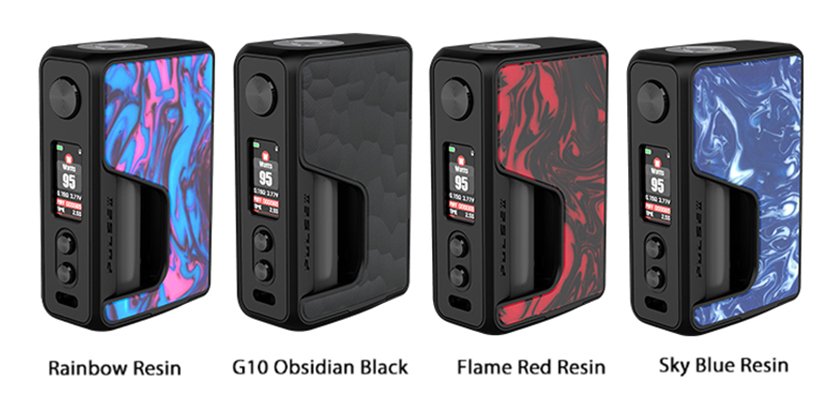 Four Vandy Vape Pulse V2 Mods in a row in different colours - Rainbow Resin, G10 Obsidian Black, Flame Red Resin, Sky Blue Resin.