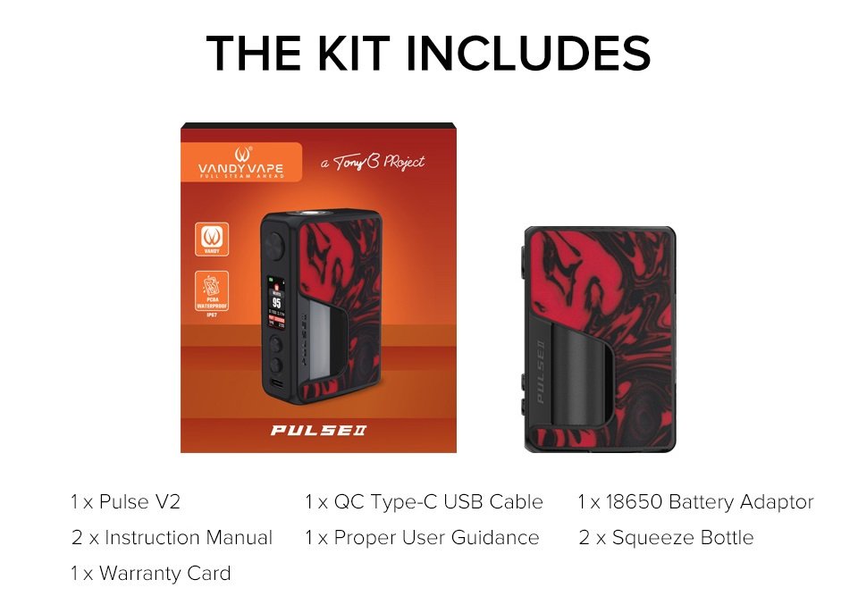 Vandy Vape Pulse V2 Box Mod in Flame Red Resin and the box it comes in. The kit includes 1 x Pulse V2, 2 x Instruction Manual, 1 x Warranty Card, 1 x QC Type-C USB Cable, 1 x Proper User Guidance, 1 x 18650 Battery Adaptor, 2 x Squeeze Bottle. 