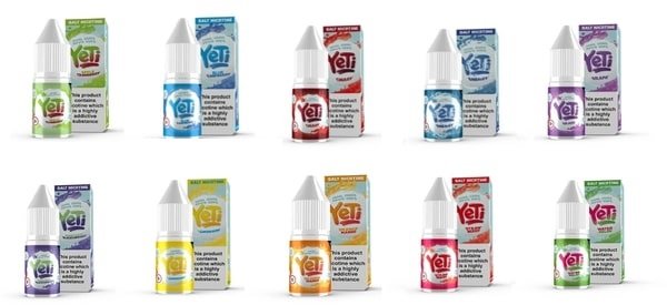 Ten bottles of Yeti Nic Salts different flavours that are available