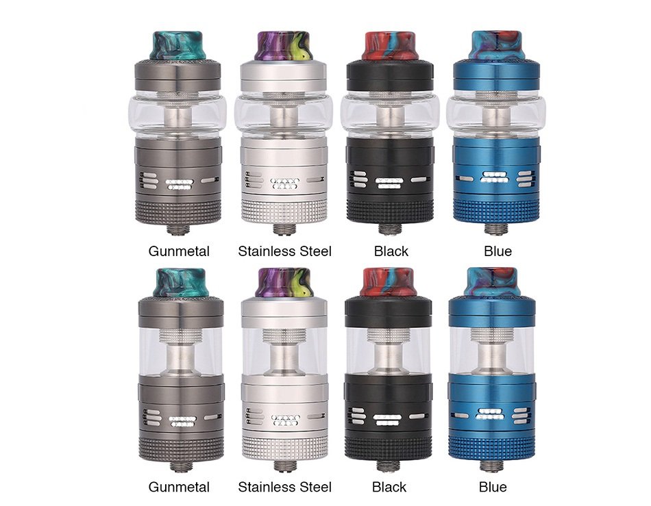 Eight Steam Crave Aromamizer Supreme V3 RDTA in two rows of four and in four different colours - Gunmetal, Stainless Steel, Black, Blue