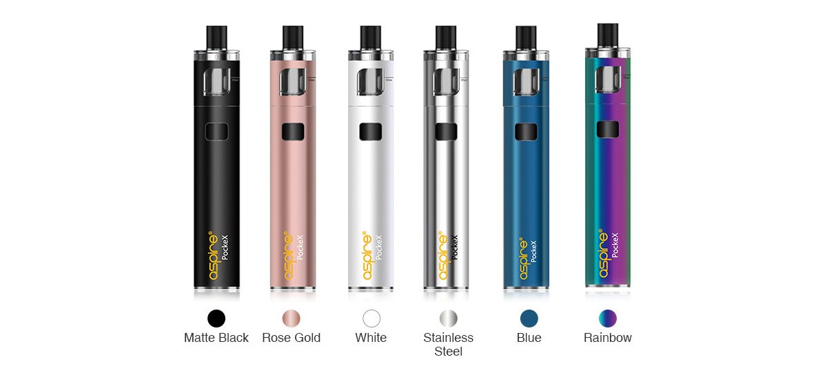 Aspire PockeX Kits lined up to display the different colours available. The image shows six colours in total. The colours are: Matte Black, Rose Gold, White, Stainless Steel, Blue and Rainbow.