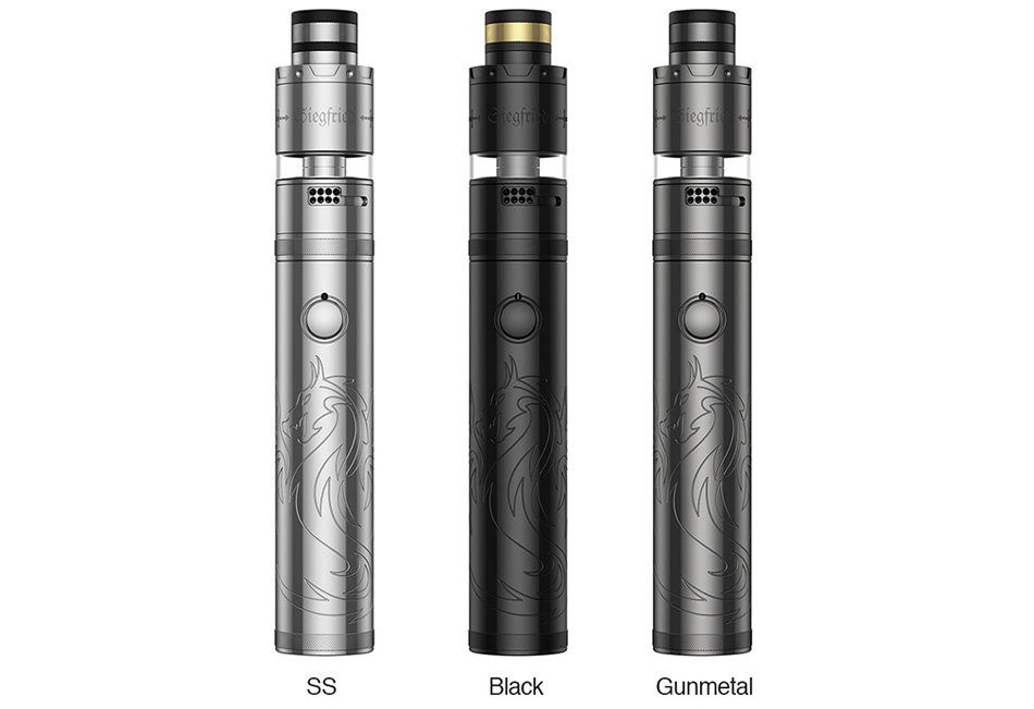Three Vapefly Siegfried 21700 Tube Kit placed next to each other in Sterling Silver, Black and Gunmetal. 