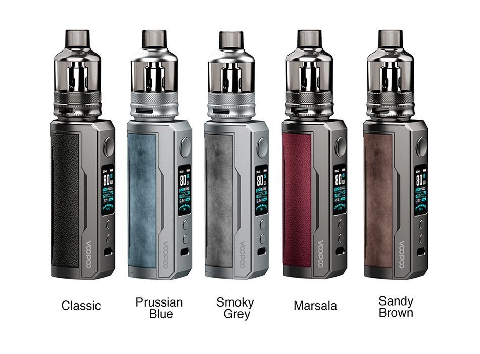 Voopoo Drag X Plus Kit - Image displays the five colours available: Classic, Prussian Blue, Smoky Grey, Marsala and Sandy Brown