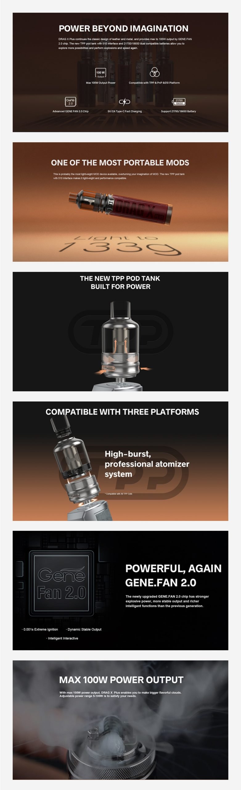 Voopoo Drag X Plus Kit Features - 6-part promotional image: Image reads: Power Beyond Imagination: The Drag X Plus continues the classic design of leather and metal, and provides max to 100W output by GENE.FAN 2.0 chip. The new TPP pod tank with 510 interface and 21700/18650 dual compatible batteries allow you to explore more possibilities and perform explosions and speed again. Max 100W Output Power, Compatible with TPP & PnP & 510 Platform, Advanced GENE.FAN 2.0 chip, 5V/2A Type-C Fast Chargin, Support 21700/18650 Battery. ONE OF THE MOST PORTABLE MODS This is probably the most lightweight MOD device available, overturning your imagination of MOD. The new TPP pod tank with 510 interface makes it lightweight and performance compatible THE NEW TPP POD TANK BUILT FOR POWER COMPATIBLE WITH THREE PLATFORMS High-burst, professional atomizer system Compatible with a TPP Coil POWERFUL, AGAIN GENE.FAN 2.0 The newly upgraded GENE.FAN 2.0 chip has stronger explosive power, more stable output and richer intelligent functions than the previous generation. 0.001s Extreme Ignition, Dynamic Stable Output, Intelligent Interactive MAX 100W POWER OUTPUT With max 100W power output, DRAG X Plus enables you to make bigger flavorful clouds. Adjustable power range 5-100W is to satisfy your needs.