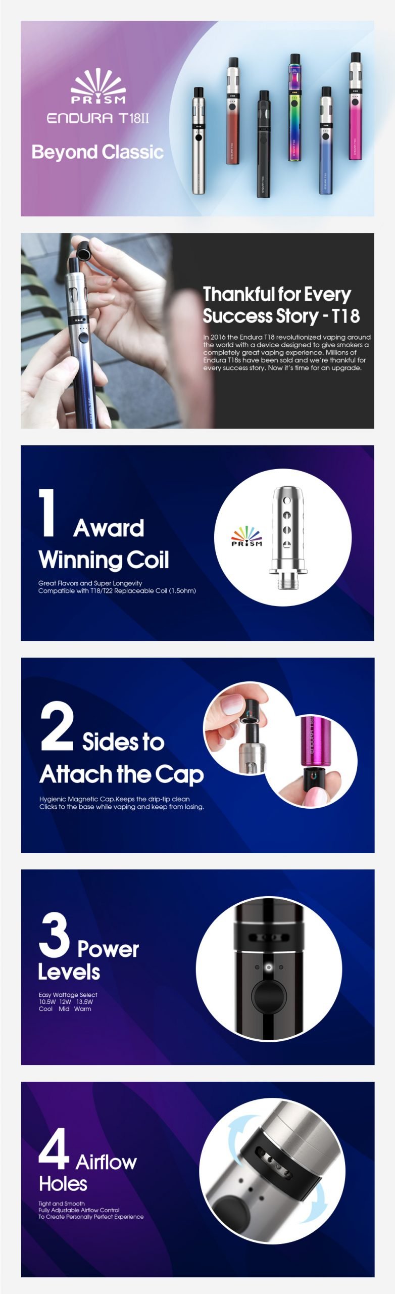 Innokin Endura T18 II - Promotional image highlighting the device's features. Series of 6 text-heavy images.