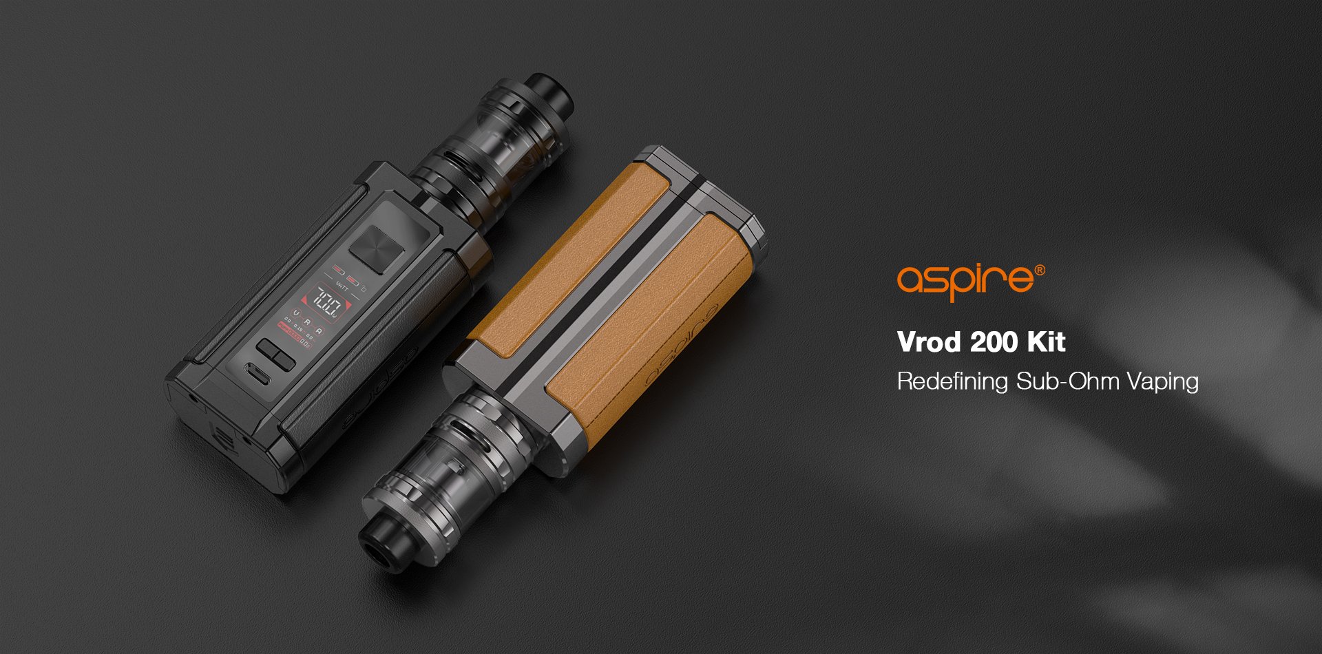 Aspire Vrod Kit Promotional Image - Image displays: 2 Aspire Vrod kits laying down showing both sides of the device - text reads: Aspire Vrod 200 Kit, Redefining Sub-Ohm Vaping