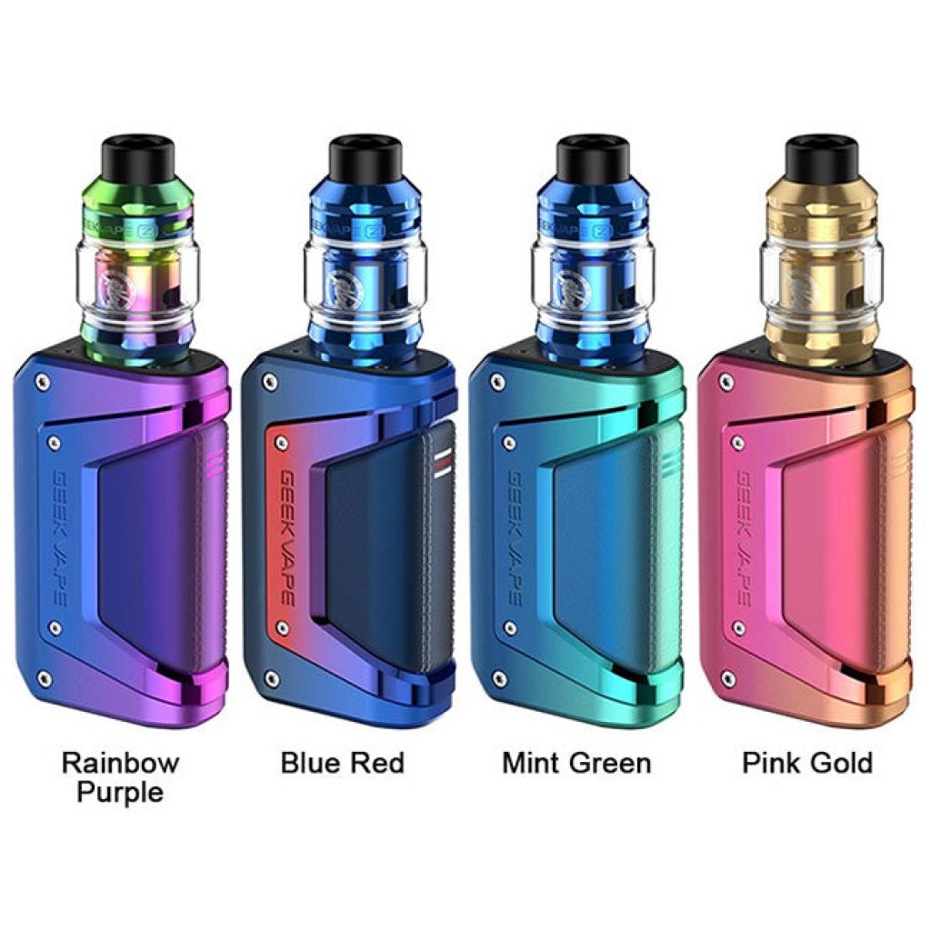 Four Geekvape L200 Aegis Legend 2 Kits placed next to each other in their new colours including Rainbow Purple, Blue Red, Mint Green, Pink Gold