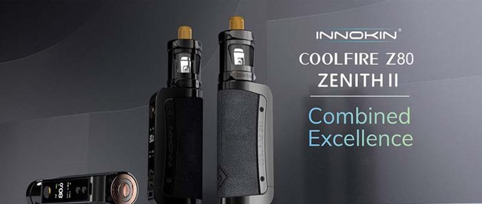 Three Innokin Coolfire Z80 II, one laying down showing the 510 thread and two stood up in Leather Black and Ash Grey. Text reads "Innokin Coolfire z80 Zenith II combined excellence".