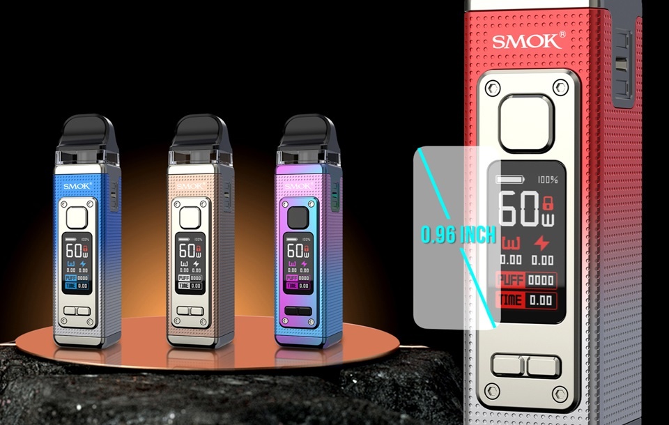 Three SMOK RPM 4 Kit's placed next to each other on a rose gold plate, placed on a black rock. To the right, there is a a red Smok RPM4 in the foreground highlighting the 0.96 inch screen.