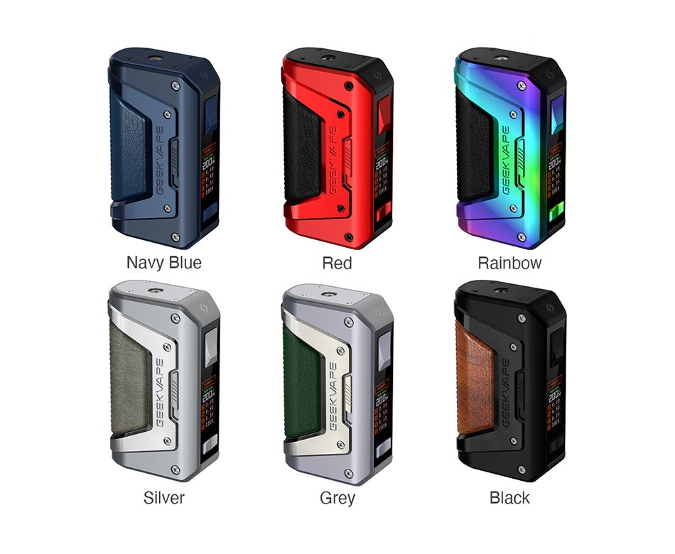Six GeekVape Aegis Legend 2 Mods lined up next to each other in two rows of 3, each in different colours. These colours are Navy Blue, Red, Rainbow, Silver, Grey and Black. 