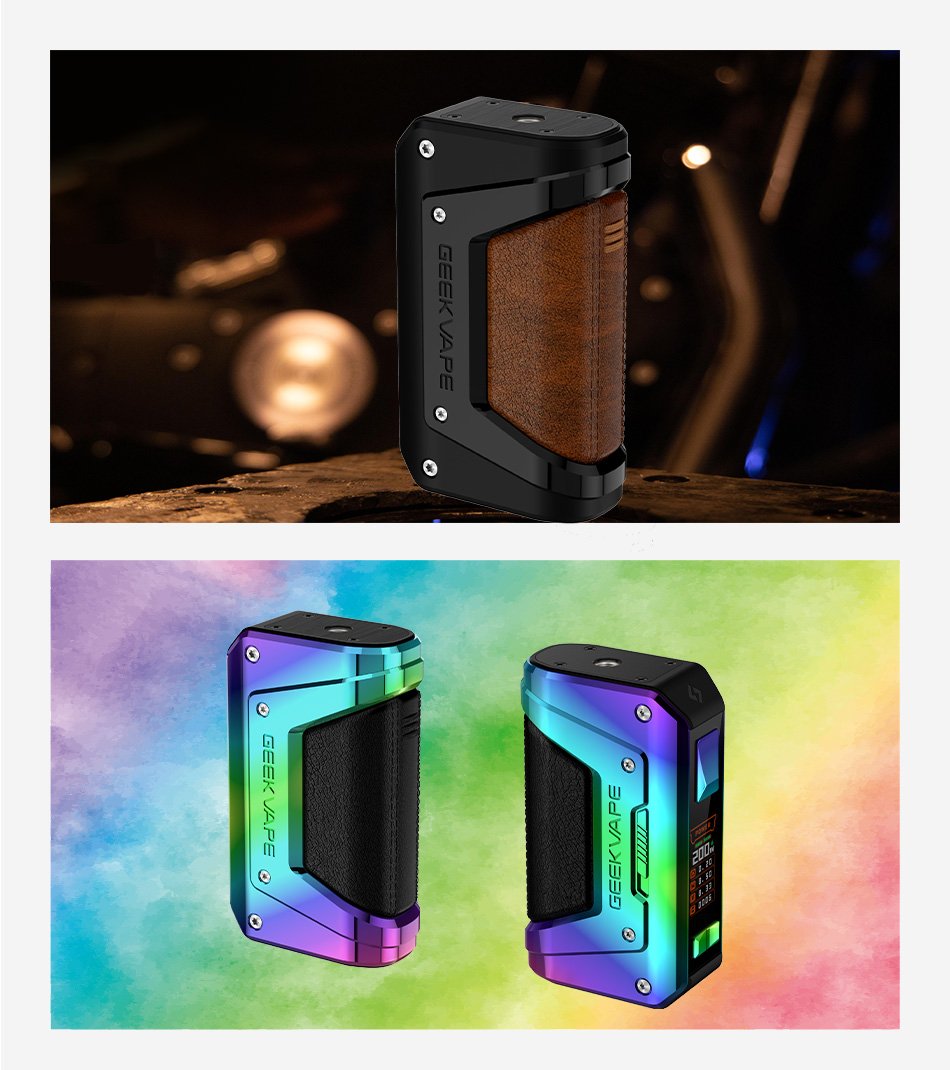 Image is split into two different pictures. The top image shows a close up of the GeekVape Aegis Legend 2 Mod in Black placed on the corner of a wooden table, drawing particular focus to the brown leather handgrip. The second image shows the Geekvape Aegis Legend 2 in Rainbow from two different angles, showing the handgrip and the display screen. 
