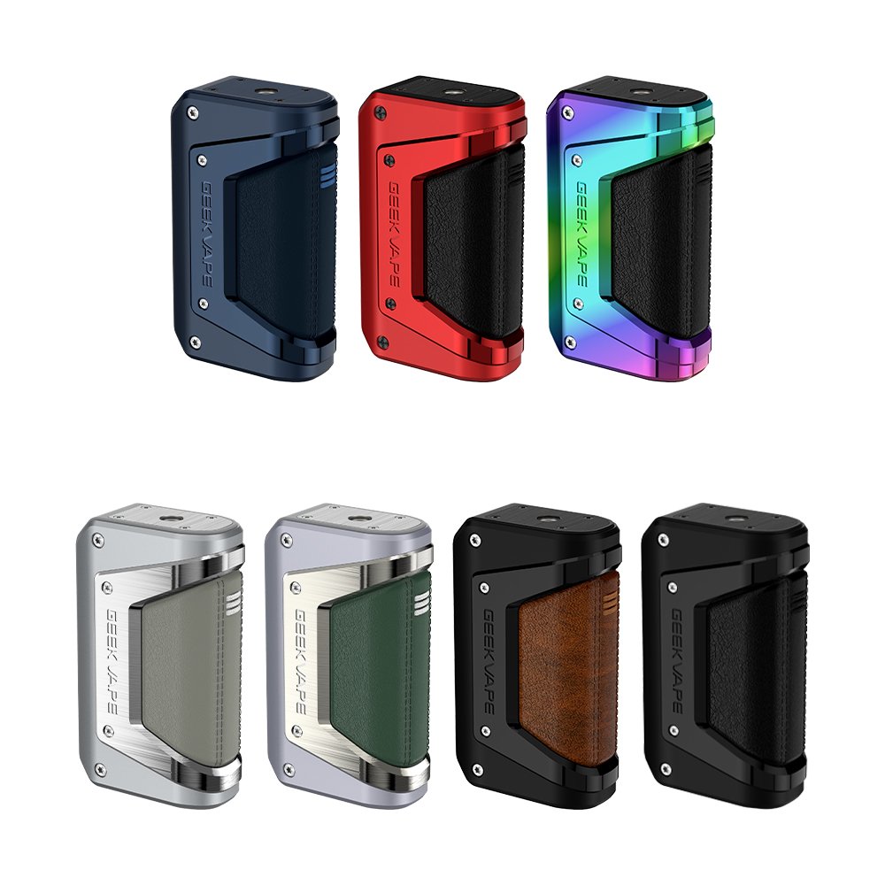 Eight GeekVape Aegis Legend 2 Mod placed next to each other in a line of different colours in Navy Blue, Red, Rainbow, Silver, Grey, Black and Classic Black.