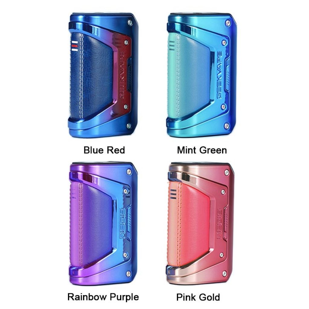 Four Geekvape L200 Mods in Blue Red, Mint Green, Rainbow Purple and Pink Gold