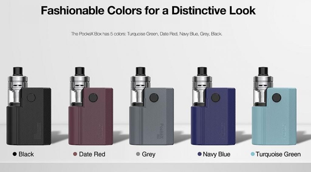 "Fashionable Colours for a Distinctive Look". Five Aspire Pockex Box Kit Colours lined up next to each other in Black, Date Red, Grey, Navy Blue, Turquoise Green, 