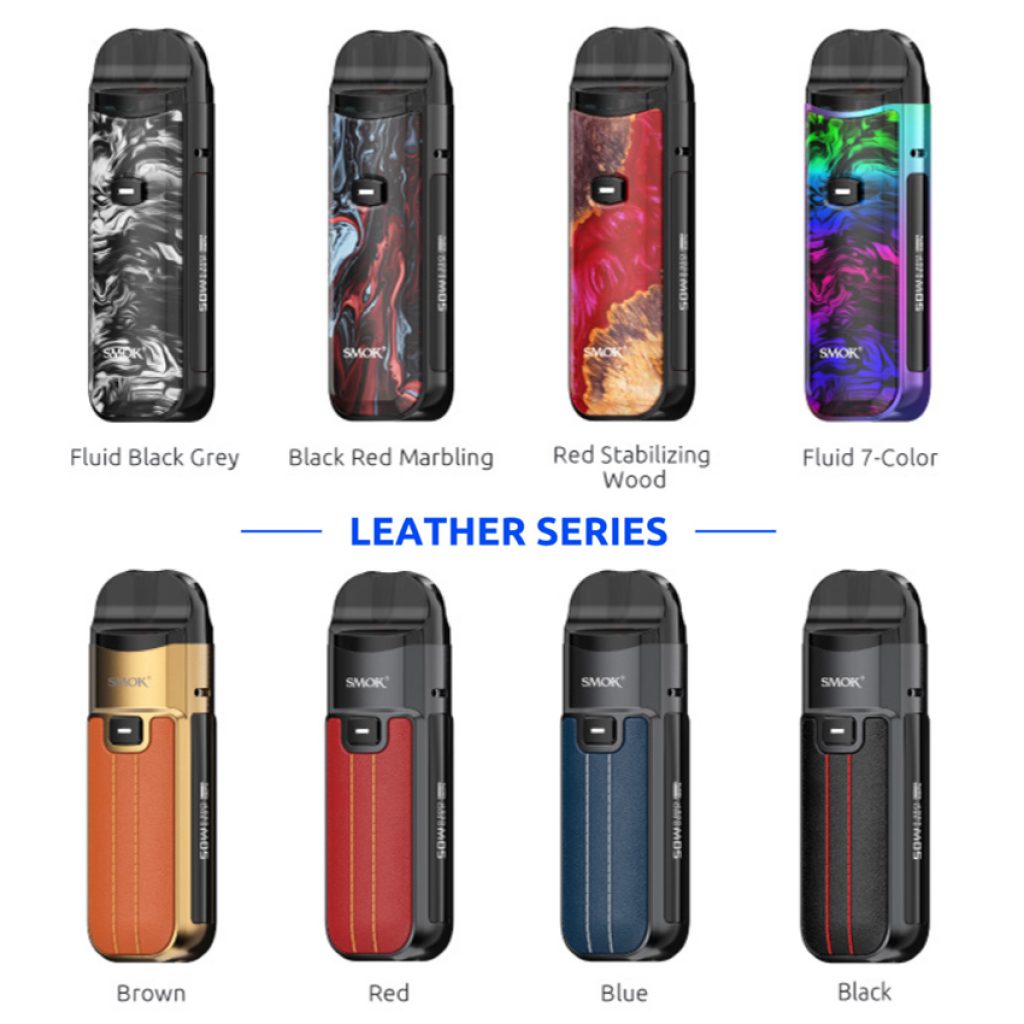 The eight different colours of the Leather Series of the Smok Nord 50W Pod Kit