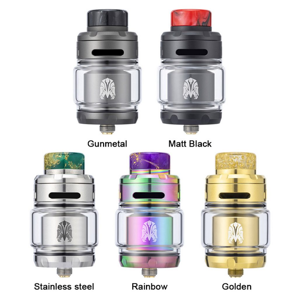 Five diferent colours of OXVA Arbiter 2 RTA stacked on top of each other