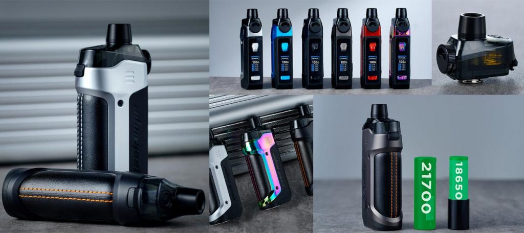 Image is split into 5 different pictures showing the Geekvape B100 Pro Max standing up in different angles and another device laying down next to it to show the leather handgrip, the Geekvape B100 in Aura Glow leaning against a metal background, six Geekvape B100 Pro max pod mod kits in different colours all lined up nest to each other, a graphic showing the 201700 and 18650 batteries that compatible with this pod mod kit and the pod tank up close.
