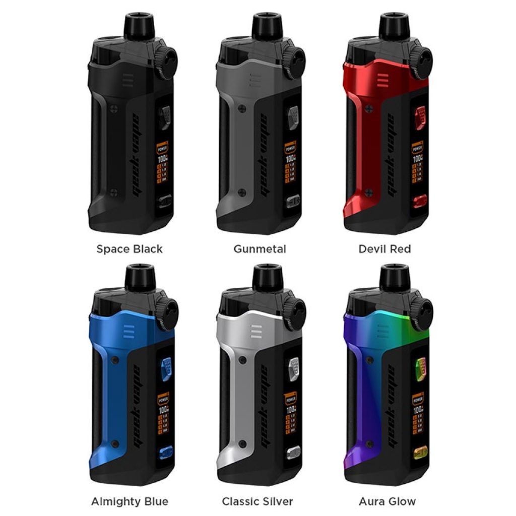 Six Geekvape B100 Aegis Boost Kit lined up next to each other in two rows of three. This image shows the Geekvape B100 in different colours such as Space Black, Gunmetal, Devils Red, Almighty Blue, Classic Silver and Aura Glow.