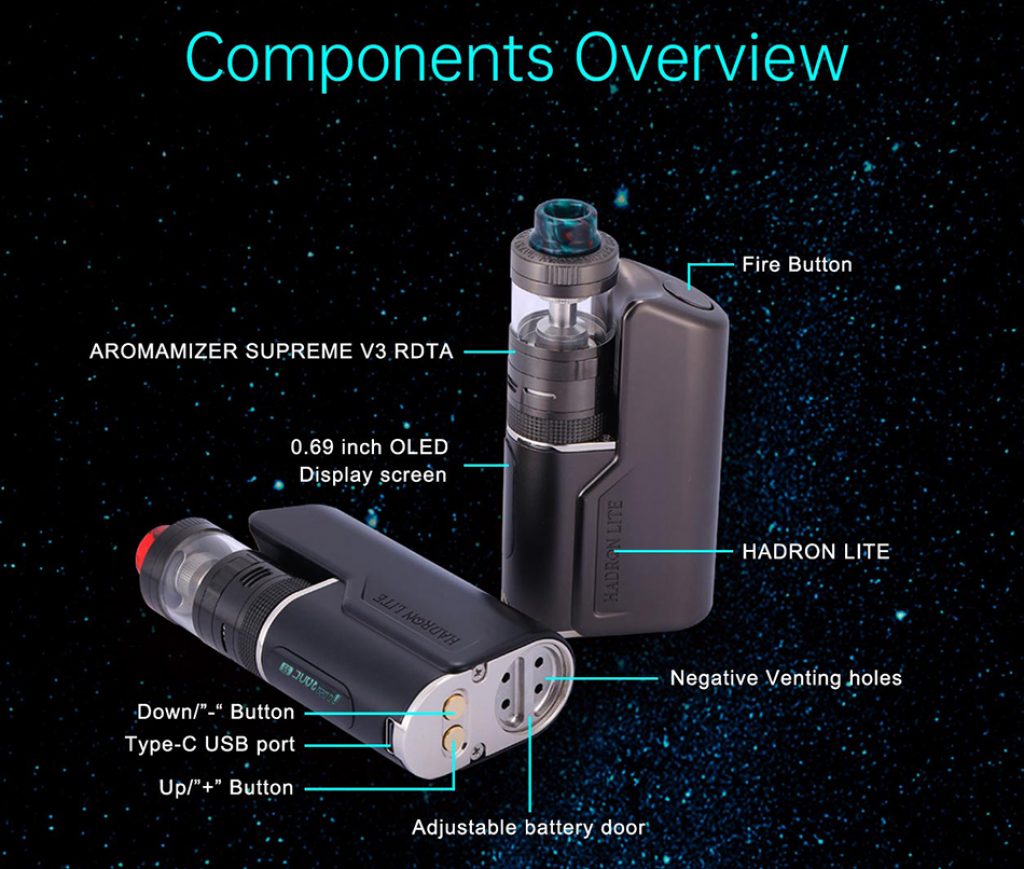 Text reads "Components Overview". There are two Hardon Lite mods, one laying down and one upright with their features and components labelled. Components are labelled "Fire button, AROMAMIZER SUPREME V3 RDTA, 0.69 inch OLED display screen, HARDON LITE, negative venting holes, adjustable battery door, up/"+" button, type-C USB port, Down/"-" button.