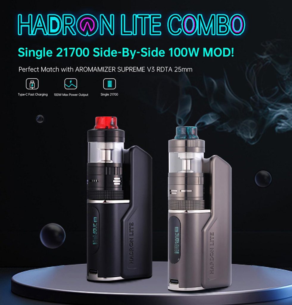Text reads "Hadron Lite Combo. Single 21700 Side-By-Side 200W Mod. Perfect Match with AROMAMIZER SUPREME V3 RDTA 25MM"Two Steam Crave Hadron Lite Combo Kit placed next to each other in Black and Gunmetal