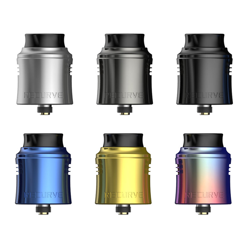 Six Wotofo Recurve V2 RDAs in two lines of three. Each RDA is in a different colour.