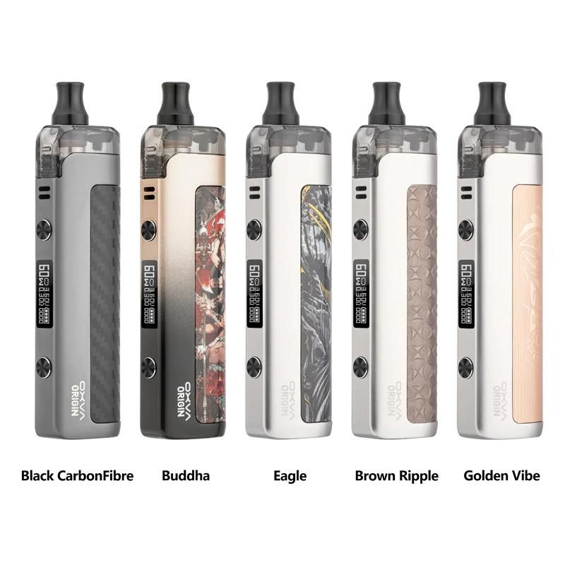 Five OXVA Origin Mini pod kits lined up to display different colour options with supporting text below. Colour options are: Black Carbon Fibre, Buddha, Eagle, Brown Ripple and Golden Vibe