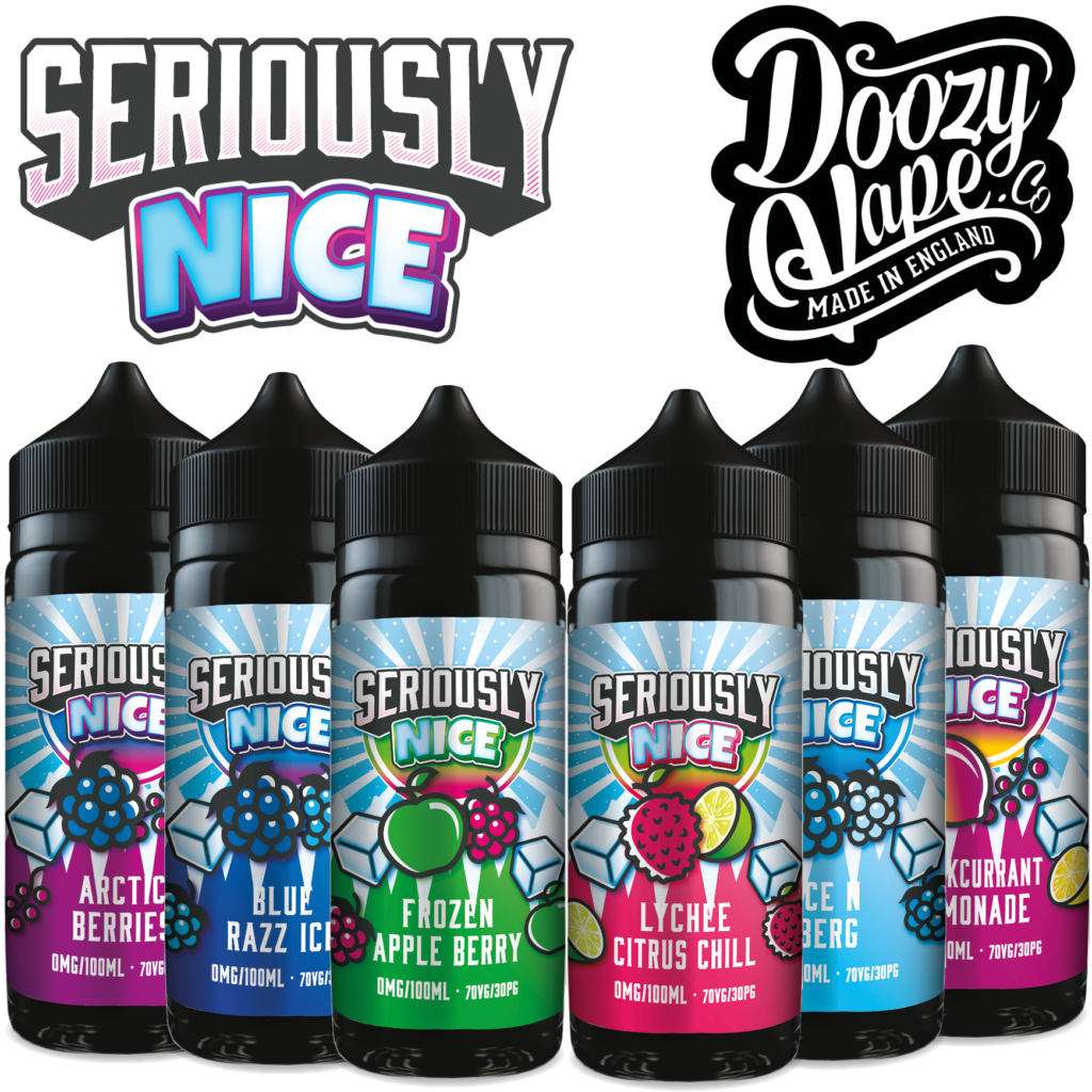 Six bottles of Seriously Nice Shortfill E-liquid placed next to each other in all available flavours - Arctic Berries, Blue Razz Ice, Frozen Apple Berry, Lychee Citrus Chill, Ice N Berg, Blackcurrant Lemonade