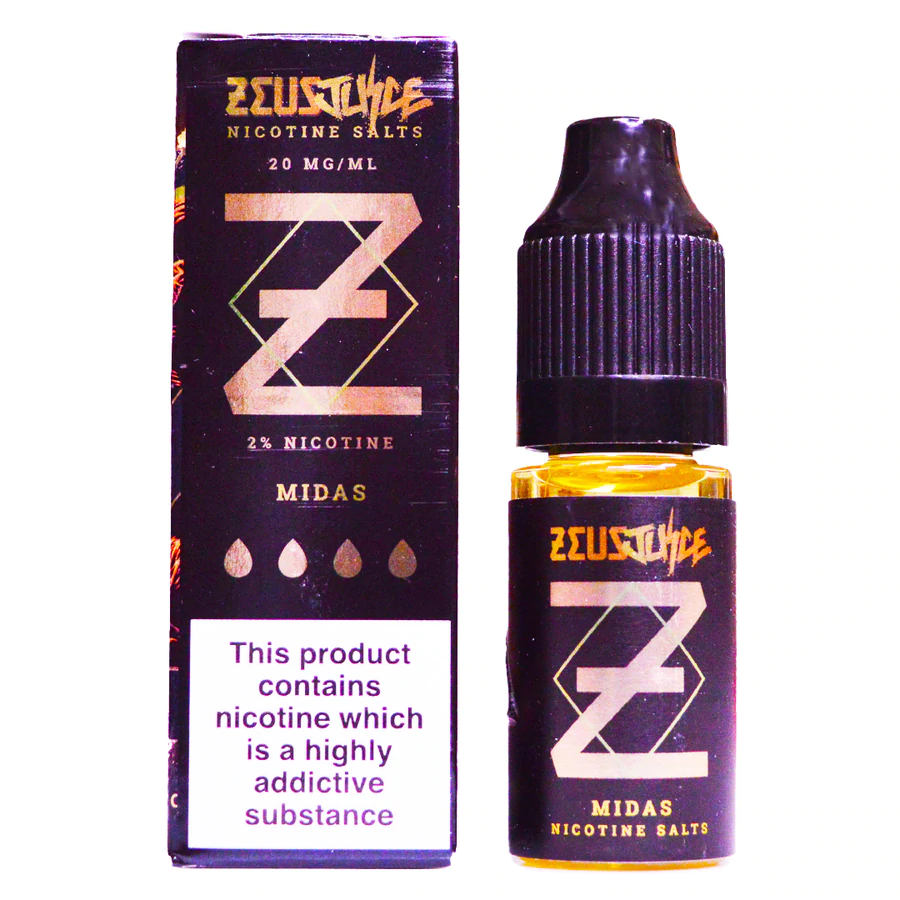 Single 10ml bottle of Zeus Juice Midas nic salt and the package placed side by side