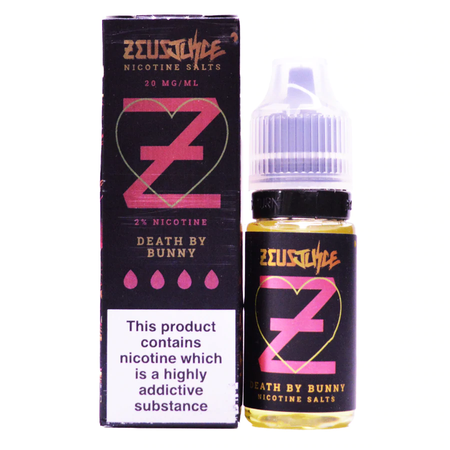 Single 10ml bottle of Zeus Juice Death by Bunny nic salt and the packaging placed side by side