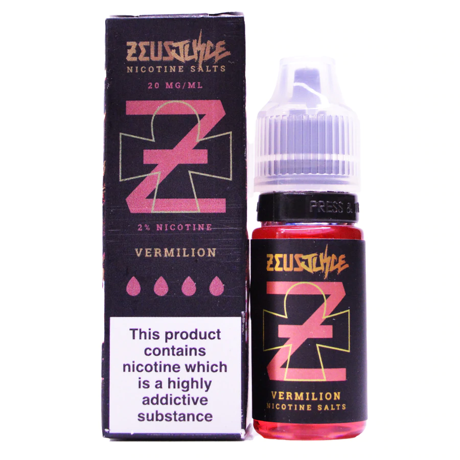 Single 10ml bottle of Zeus Juice Vermilion nic salt and the packaging placed side by side