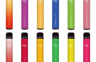 12 Elux disposable vapes in different flavours lined up next to each other. The disposables are in two rows of six.