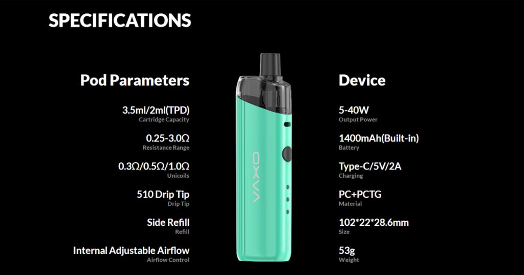 OXVA Origin SE Pod Kit Specifications