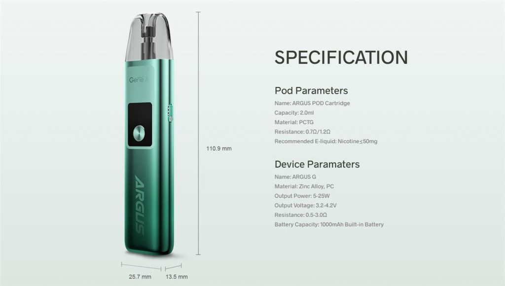 VOOPOO Argus G Pod Kit Specifications