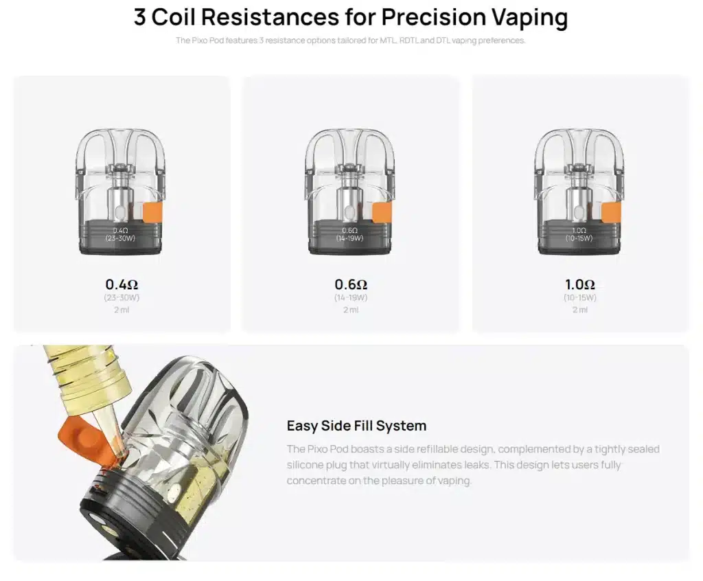 Aspire Pixo Replacement Pod Coil Options and Side Fill