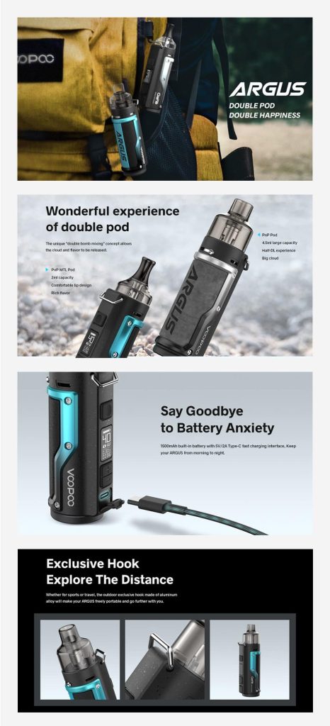 voopoo argus dual battery 40W Pod Kit 1500mAh Pink Smoke Shop Color:Glittering Gold Strawberry B-Burst Foger Switch